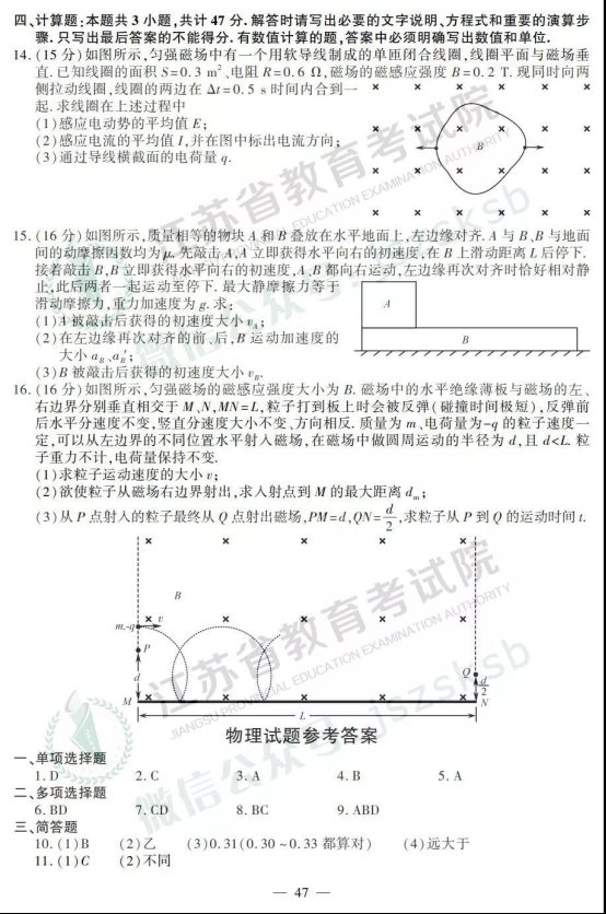 2019年江苏高考物理试题及答案