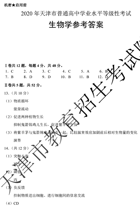 2020天津高考生物试题及答案解析【图片】