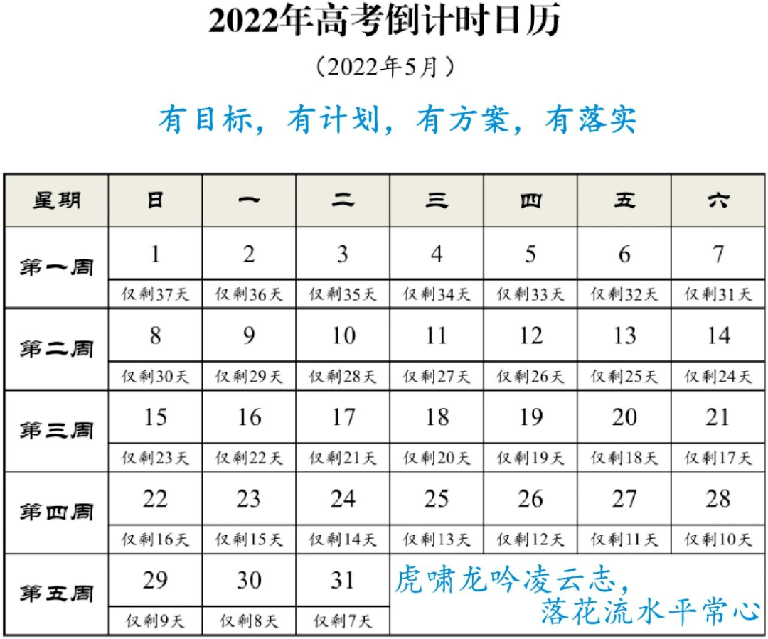 2022年高考倒计时日历