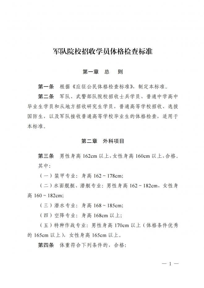 2022年军队院校招收学员体格检查标准